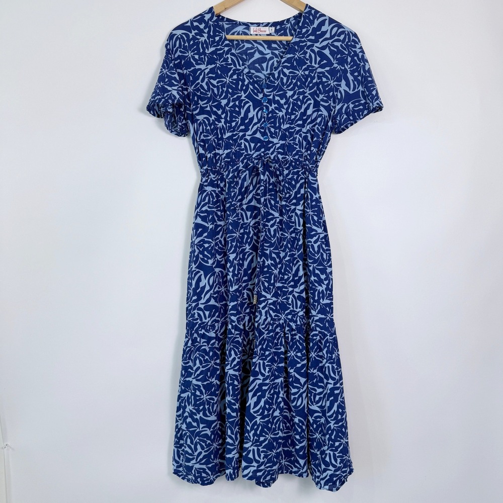 Indii Breeze Tropical Floral Tiered Midi Dress Size Medium Blue Lightweight